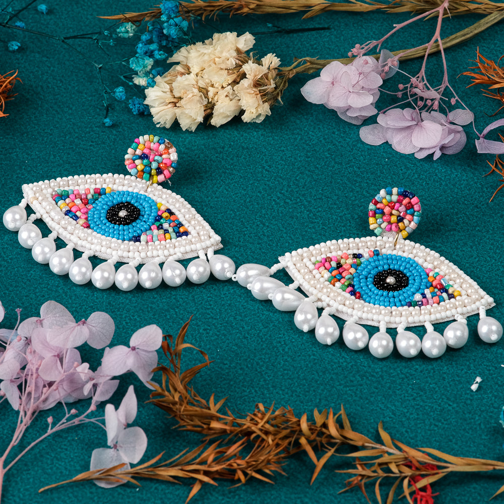 Evil Eye White Handmade Beaded Drops