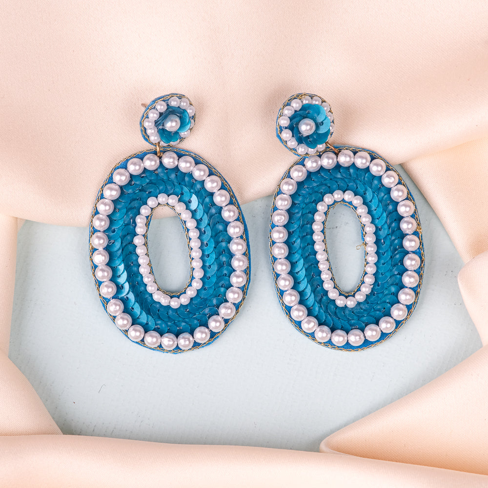 Oval Blue Handmade Beaded Earrings